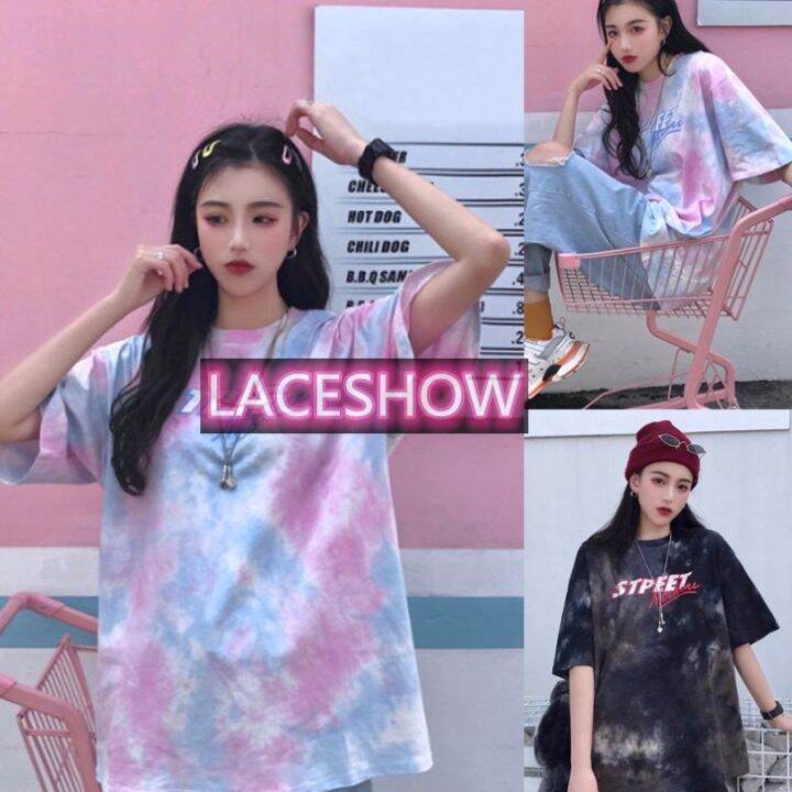 laceshowจัดส่งฟรี11-11-2020เสื้อยืด-เสื้อโอเวอร์ไซส์-หลวมสไตล์ฮาราจูกุเวอร์ชั่นเกาหลีเสื้อยืด-เสื้อผ้าสาวอวบ