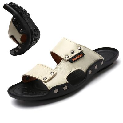 Top layer leather sandals mens genuine summer flip-flops trendy and slippers outerwear beach shoes