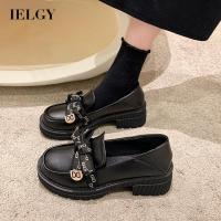 IELGY สไตล์อังกฤษผู้หญิง  รองเท้าหนังส้นเตี้ยผูกโบว์มัฟฟินพื้นหนาแบบ Slip-On