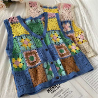 Bohemian Floral Embroidery Crochet Vest Women Sleeveless Waistcoat Summer Knit Vests Crop Top Vintage Chaleco Mujer