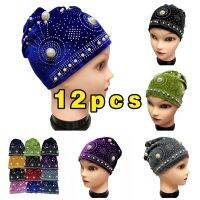 【YF】 12 Piece Wholesale Muslim Female Turban Hat Bonnet Gold Velvet Hot Rhinestone Solid Indian Beanie Hair Bonnets Cap For Women