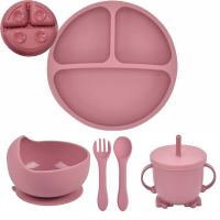 4/5Pcs Baby Silicone Bowl Divided Plate Feeding Bowl Straw Cup Fork Spoon for Toddlers Training Tableware Set  with Suction Cup Bowl Fork Spoon Sets