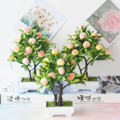 [AYIQ Flower Shop] 1ชิ้นพืชเทียมสำหรับการตกแต่งบ้านต้นไม้ผลพีชสมจริงบอนไซกระถางตั้งโต๊ะ