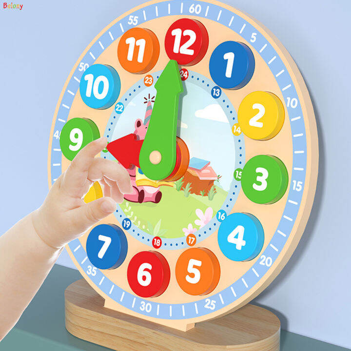 Kids Wooden Learning Clock Silent Analogue Telling Time Teaching Clock ...