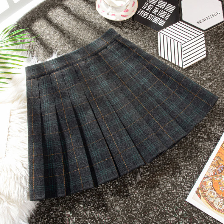 2021-autumn-and-winter-harajuku-woolen-pleated-women-skirt-yellow-plaid-zipper-thick-cotton-casual-large-size-a-line-mini-skirts