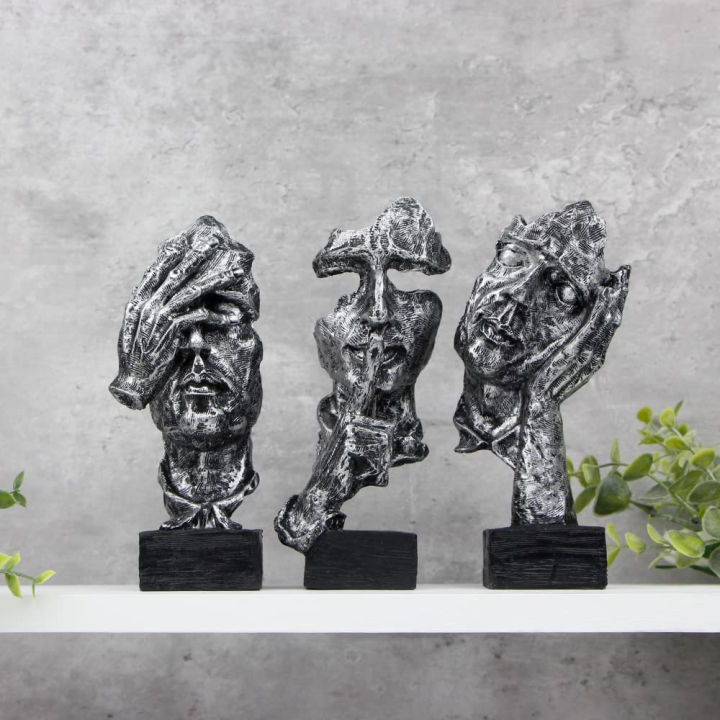 fumisee-3-pcs-thinker-statue-silence-is-gold-abstract-art-figurine-no-hear-no-see-no-speak-modern-home-resin-sculptures-decorative-objects-desktop-decor-silver-gold-silver