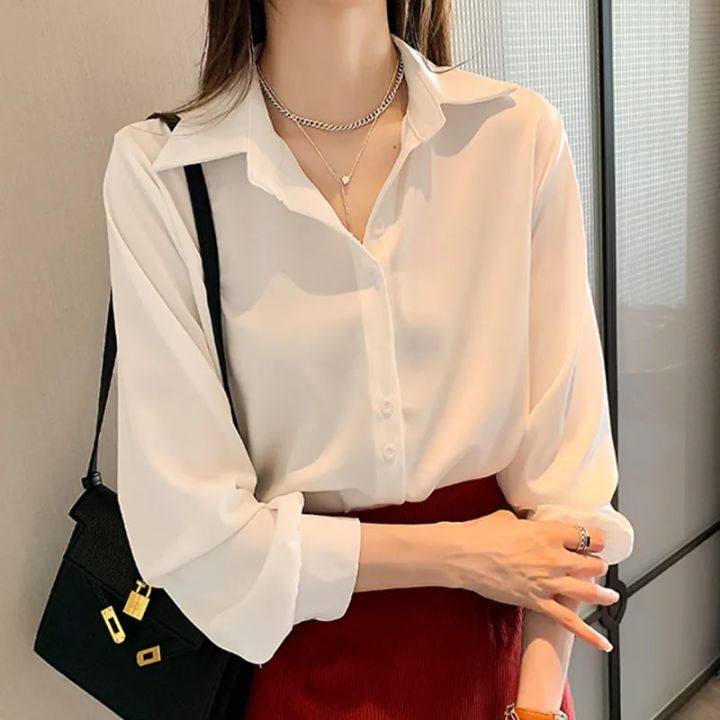 Long Sleeve Chiffon Shirt Blouse Women V-Neck Office Lady Tops Blouses