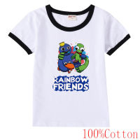 Rainbow Friends Ro Bloxs เสื้อยืดเสื้อแขนสั้นสำหรับเด็กหญิงผ้าฝ้ายลายการ์ตูนสำหรับเด็กผู้ชายเสื้อยืดลำลองชุดสูทแฟชั่น0000