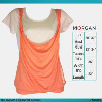 USED Morgan - Cream Orange Cowl T-Shirt | เสื้อยืดสีครีม สีส้ม เสื้อคอถ่วง แขนสั้น คอกลม สีพื้น สายฝอ วินเทจ แท้ มือสอง