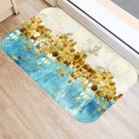 Golden Blue Printed Kitchen Soft Bath Entrance Door Seude Indoor Doormat Non-Slip Rug Floor Mat Coral Velvet Carpet Home Decor