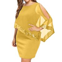 Vestidos Plus Size Off Shoulder Overlay Asymmetric Chiffon Dress Women Sequins Party Dress Oversized Patchwork Party Dress Robe