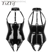 【CW】▫  Womens Bodysuit Crotch Costume One-piece Wetlook Patent Leather Halter Neck Bare Breast Crotchless