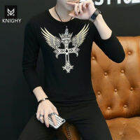 KNIGHT เสื้อยืดแขนยาวสำหรับผู้ชาย,ใหม่เสื้อยืดผ้าพิมพ์ลายไขว้เสื้อเกาหลีชายสีทึบ