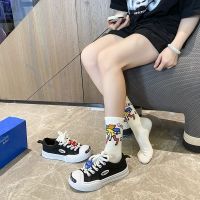 ✔◆▲  White deer with shoe ouder smile female 2023 new thick canvas shoes bottom increased leisure shoes big plate