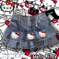 Sanrio Hello Kawaii Original Cat Y2K Millennium Hot Girl Denim กระโปรงสั้นคำเค้กครึ่งกระโปรงวันเกิด