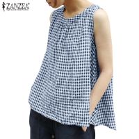 COD dhdfxcz ZANZEA Women Korean O Neck Grid Printed Loose Casual Sleeveless Blouse