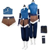 อวตาร: ชุดคอสเพลย์ Korra ในตำนานสำหรับผู้หญิงเสื้อกั๊กสีฟ้าเครื่องแต่งกายชุดกางเกงชุดงานรื่นเริงฮาโลวีนผ้าทั้งตัวสำหรับเด็กผู้หญิง