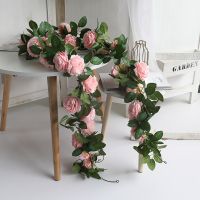 Pink Silk Peony Rose Flower Rattan Artificial Ivy Rattan Wedding Party Wall Hanging Garland Home Garden Decoration Green Plants Spine Supporters