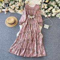 2020 New Autumn Vintage Print Loose Dresses Women Bohemian Style Long Puff Sleeve High Waist Slim Fit Maxi Dress