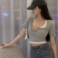 ∏✧☎ European and American jazz dancing short jazz tops trendy hot girls high waist fake two-piece slimming short-sleeved v-neck T-shirt for women