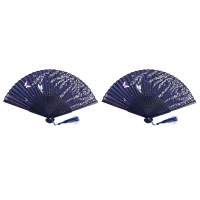 2X Folding Bamboo Lace Hand Fan, Dark Blue Butterfly and White Flower