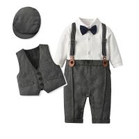 Newborn Baby Boy Clothing Autumn Spring Bow Jumpsuit+Hat+Vest 3Pcs Birthday Party Gentleman Dress Suit