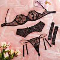 2023 Korean Sexy Lingerie Transparent Womens Underwear Panties Set 4-Pieces Hot Thong Fancy Luxury Lace Erotic Outfits