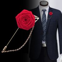 เข็มกลัด รูปดอกไม้ สําหรับติดเสื้อสูท งานแต่งงาน Mens Suit Rose Flower Brooches Canvas Fabric Ribbon Tie Lapel Pin Badge With Tassel Chain Men Wedding Boutonniere Brooch