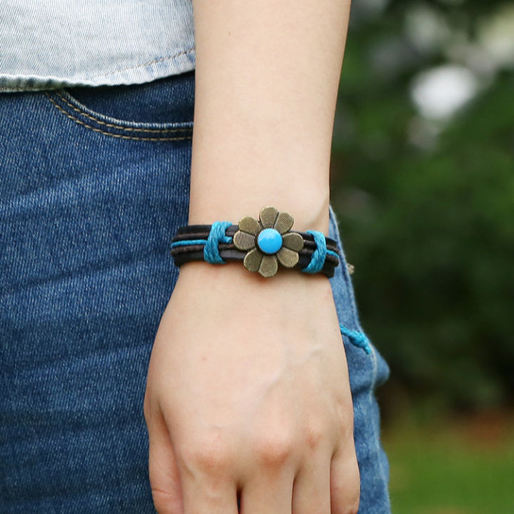 punk-cattle-leather-bracelet-alloy-blue-vintage-flower-leather-bracelet