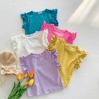 Korean Version Girls Top Candy Color Short-sleeved Children Doll Shirt Lace Cuffs T-shirt Baby Princess Cotton Short Sleeve