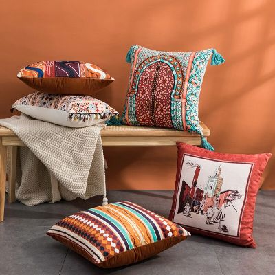 Moroccan National styleu Fashion Cover 45x45cm/30x50cm Orange Geometric Printing Warm Throw Pillows Case with Tassels Decorative Pillows for Luxury Sofa
