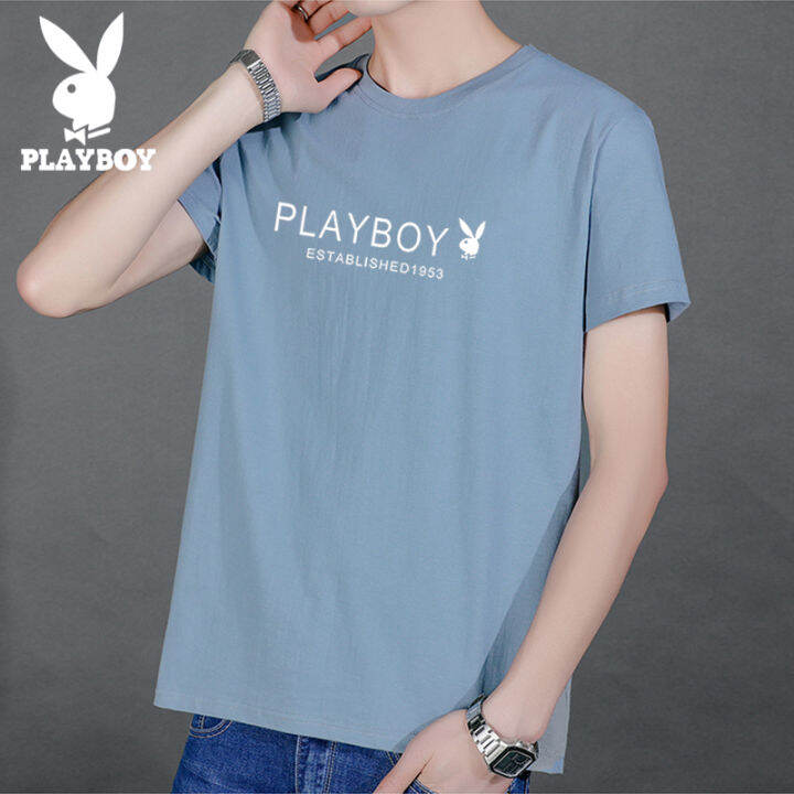 playboy-เสื้อยืดผู้ชายฤดูร้อนรอบคอผ้าฝ้าย-slim-fit-เสื้อยืดผู้ชายสีทึบแขนสั้นสไตล์เรียบง่าย-t2223