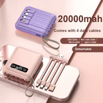 Mini Power bank 20000mAh with 4in1 DETACHABLE Cables Powerbank with LED  Torch Light