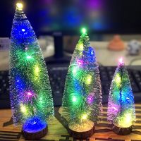 3Pcs Miniature Pine Trees Sisal Trees with Lights Wood Base Christmas Tree Set Tabletop Trees for Christmas Decoration Gift