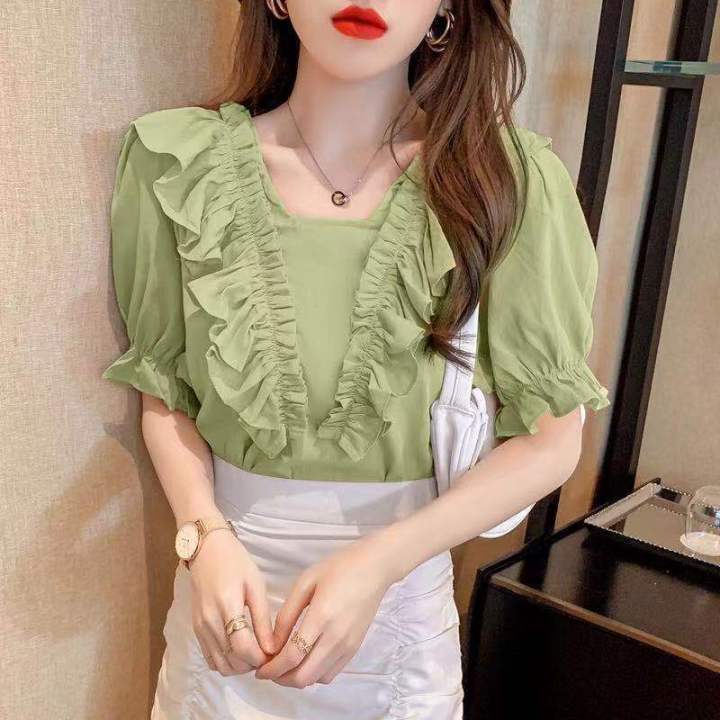 Ladies T-shirt 2022 Summer New French V-neck Ruffled Chiffon Shirt Women's  All-match Temperament Short-sleeved Top