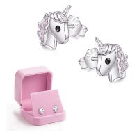 Unicorn earring Baby Earrings Kids Children Jewelry Copper silver plating Animal Fashion Horse Cute Earrings with box Women Gift