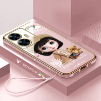 เคสโทรศัพท์พร้อมสำหรับเคส C55 Realme Realme เคส C55 (ฟรีสายคล้อง) เคสลายการ์ตูนสาวน่ารักขอบสี่เหลี่ยมเคสโทรศัพท์ชุบหรูหราชุบเคสโทรศัพท์นิ่ม