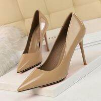 96161-1 ยุโรปและอเมริกาแฟชั่น Stiletto ส้นสูงสิทธิบัตรหนังตื้นปากชี้ Toe เซ็กซี่ Slim Professional OL ผู้หญิงรองเท้าเดี่ยว