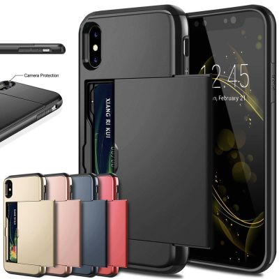 [สินค้าใหม่มีในสต็อก] เคสสำหรับไอโฟนธุรกิจ14 13 Pro Max 12 11 X XS XR สไลด์กระเป๋าเงินเกราะการ์ดที่เคสคลุมเครื่องเจาะรูสำหรับ iPhone 7 8 Plus 6 6S 5S SE 2022