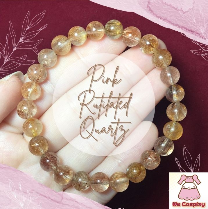 สร้อยข้อมือหิน ไหมนาค Pink Rutilated Quartz  กำไลหินนำโชค ข้อมือหินมงคล Cute Size ขนาด 8 มิล