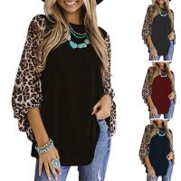 2022 autumn and winter new leopard print long-sleeved top womens European and American hair round neck T-shirt womens clothing ❤