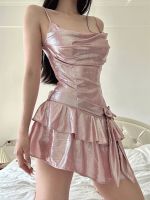 【CW】◕✐✺  Ruffle Pink Asymmetrical Bodycon for 2023 Fashion Bow Knot Vestidos