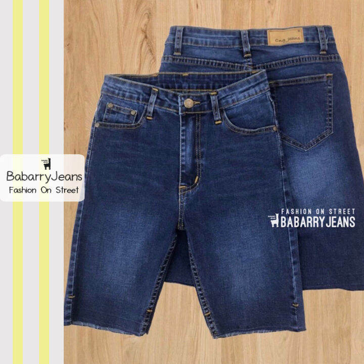 พร้อมส่ง-babarryjeans-ยีนส์สามส่วน-เอวสูง-ผ้ายีนส์ยืด-ปลายตัด-สียีนส์เข้มฟอก