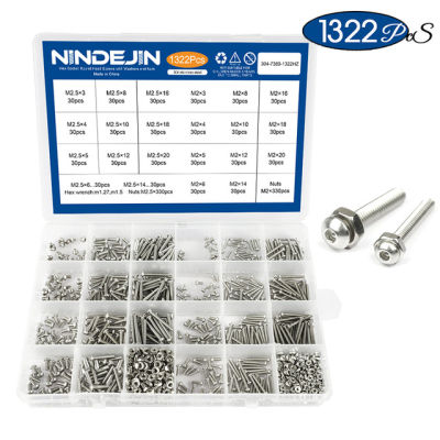 NINDEJIN 1322ชิ้น/เซ็ตหกเหลี่ยมหัวเสียบหมวกสกรูและน็อตสแตนเลสM2 M2.5ซ็อกเก็ตหกเหลี่ยมCountersunkปุ่มหัวสกรูชุด