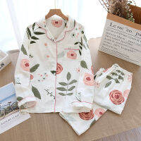 2022 Ladies Pajamas Set 100 Gauze Cotton Cartoon Rose Printed 2Pcs Turn-down Neck Shirt+Pants Comfort Fresh And Nature Women