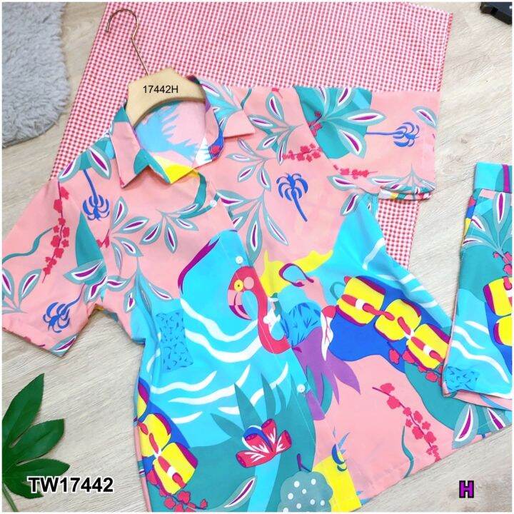 tw17442-set-2-ชิ้น-เสื้อเชิ้ตแขนสั้นพิมลาย-กางเกงขาสั้น