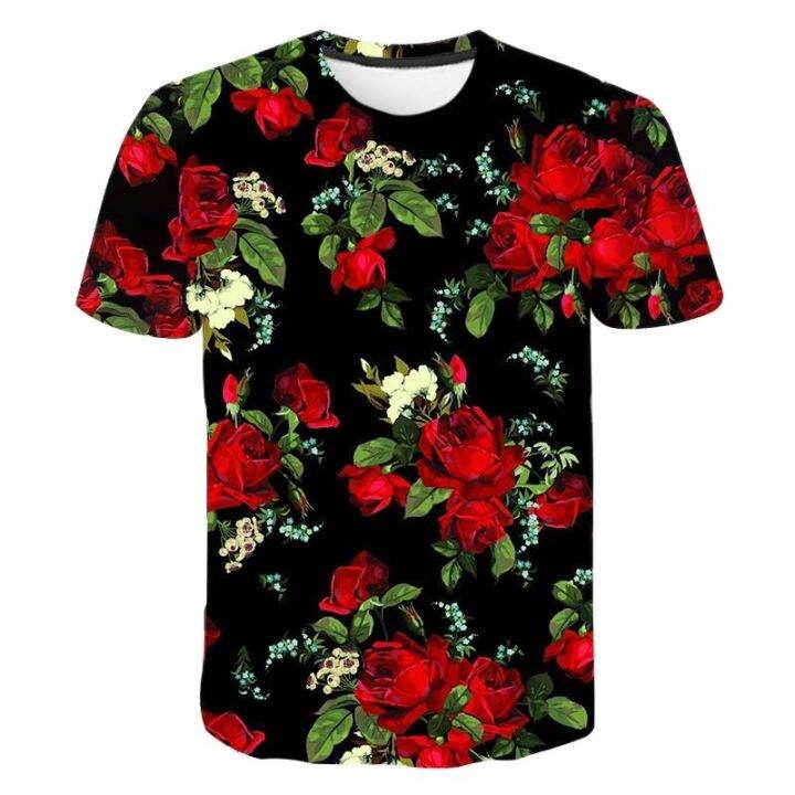 แนวโน้มแฟชั่นฤดูร้อนผู้ชาย-3d-rose-leaf-พิมพ์เสื้อยืดตลกลำลองแขนสั้นฮิปฮอปบุคลิกภาพรอบคอขนาดใหญ่ด้านบน