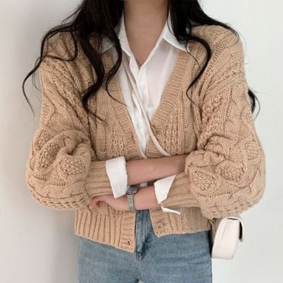 Pull Solid Loose V Neck Twist Sweater Knitted Short Lantern Sleeve Cardigans Coat Knitwear Autumn Wild Top Casual Lazy Retro