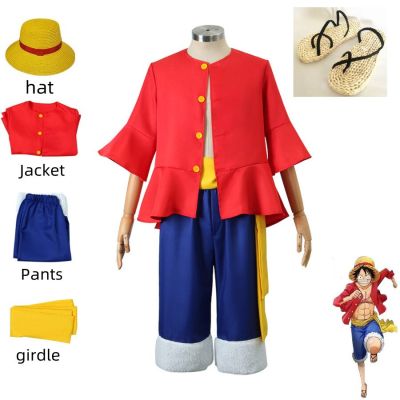 One Piece Monkey D. Luffy Anime Cosplay Costume Red Top Blue Pants Hat Girdle Man Woman Aldult Child Halloween Party Suit