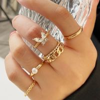 5Pcs Of Set Butterfly Ring Open Chain Ring Combination Inlaid Water Drill Joint Ring Set Set Adjustable